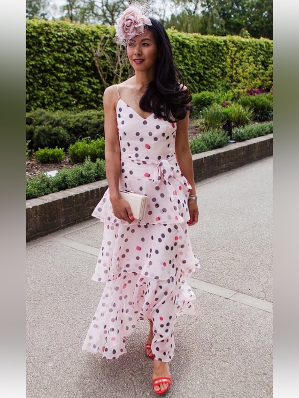 Karen Millen Pink Multi Color Polka Dot Tiered Maxi Dress